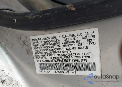 2006 Honda Odyssey Ex-L from USA, damaged, VIN 5FNRL387X6B433563